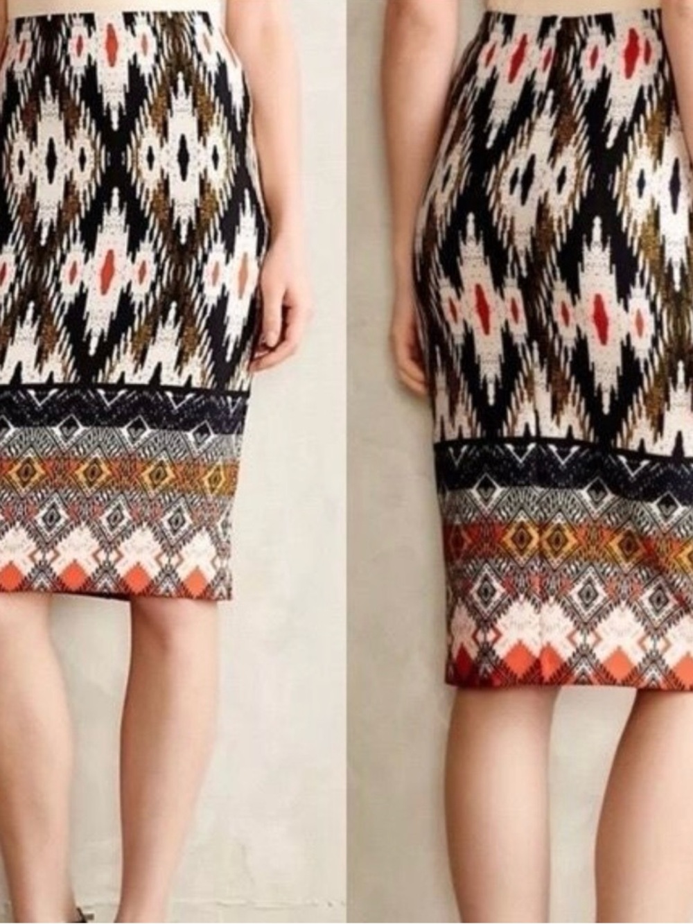 Maeve Geometric Ikat Pencil Skirt in Black, Cream & Orange Accents